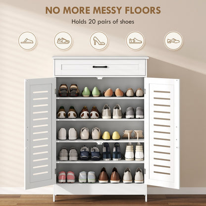 White shoe storage cabinet with louvered doors and a drawer, showing organised shoes inside