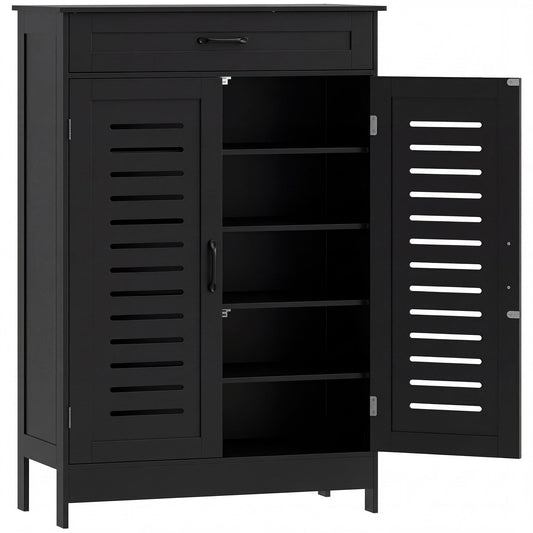 HOMCOM Shoe Cabinet with Louvered Doors showing the open interior shelves and top storage drawer