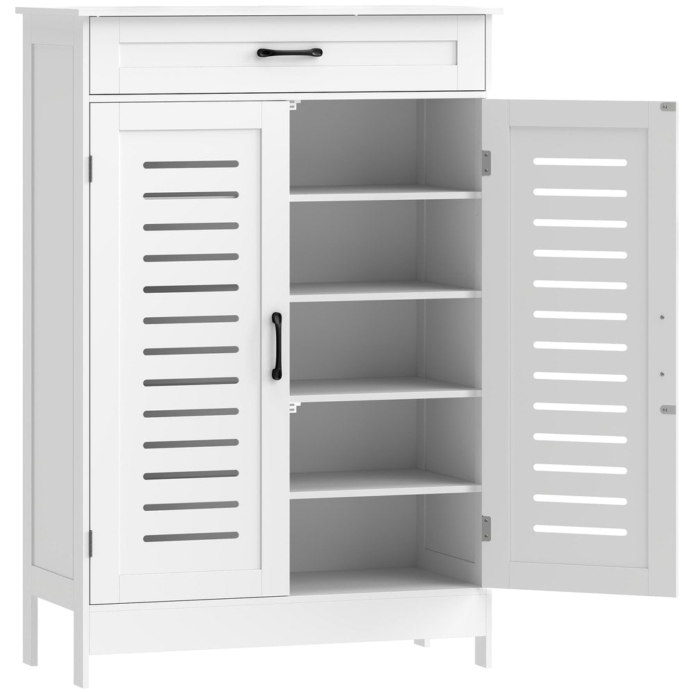 HOMCOM Shoe Cabinet with Louvered Doors, a white storage unit with two doors and a drawer
