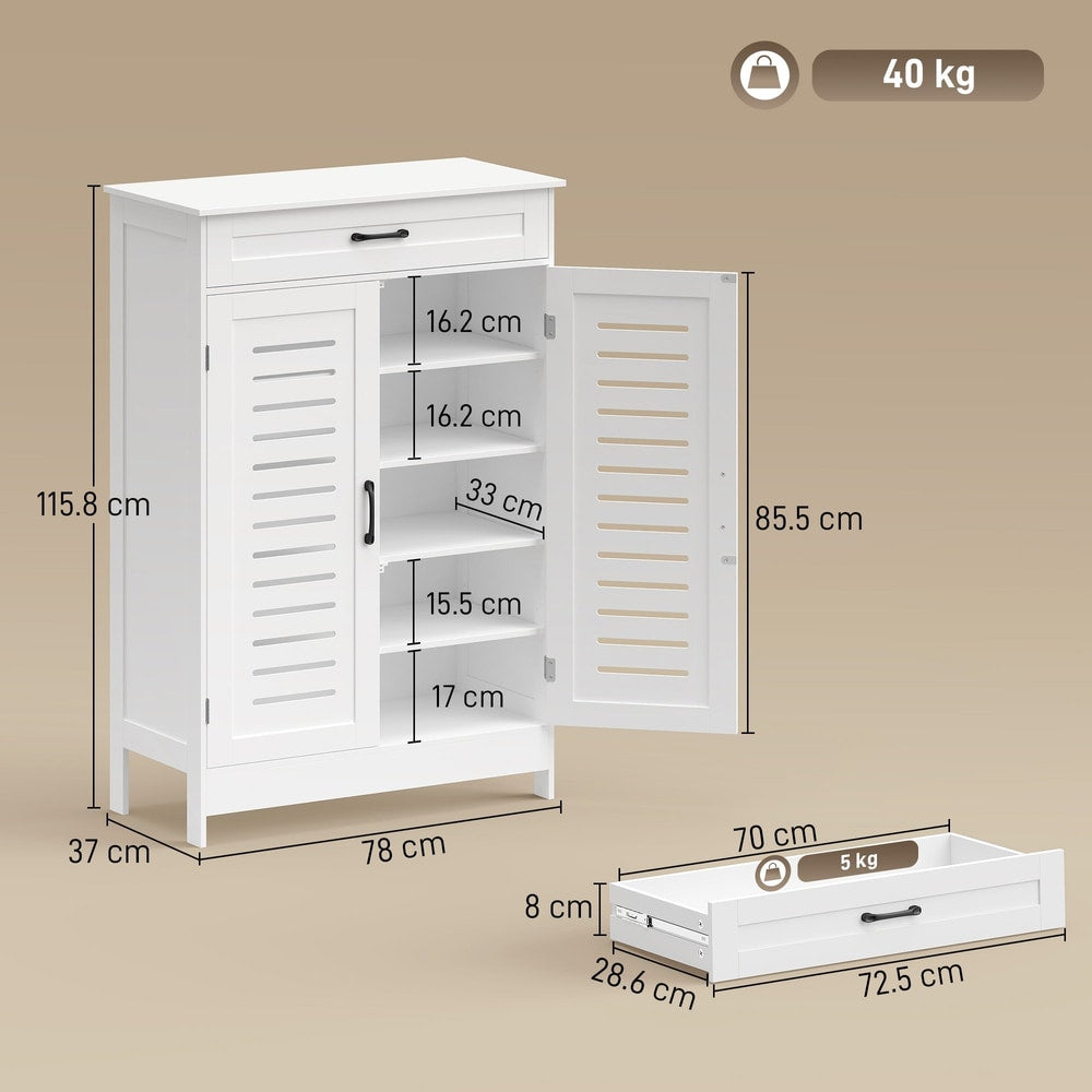 A white shoe storage cabinet with dimensions and drawer weight shown