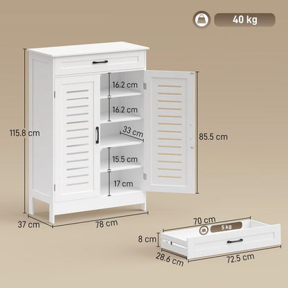 A white shoe storage cabinet with dimensions and drawer weight shown