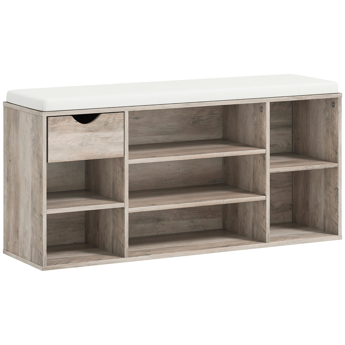 HOMCOM Shoe Storage Bench with Cushion in grey wood effect with a white cushion and drawer