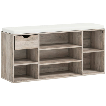 HOMCOM Shoe Storage Bench with Cushion in grey wood effect with a white cushion and drawer
