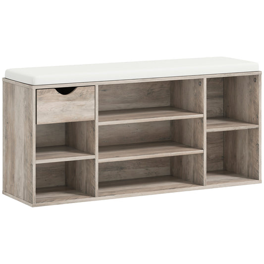 HOMCOM Shoe Storage Bench with Cushion in grey wood effect with a white cushion and drawer