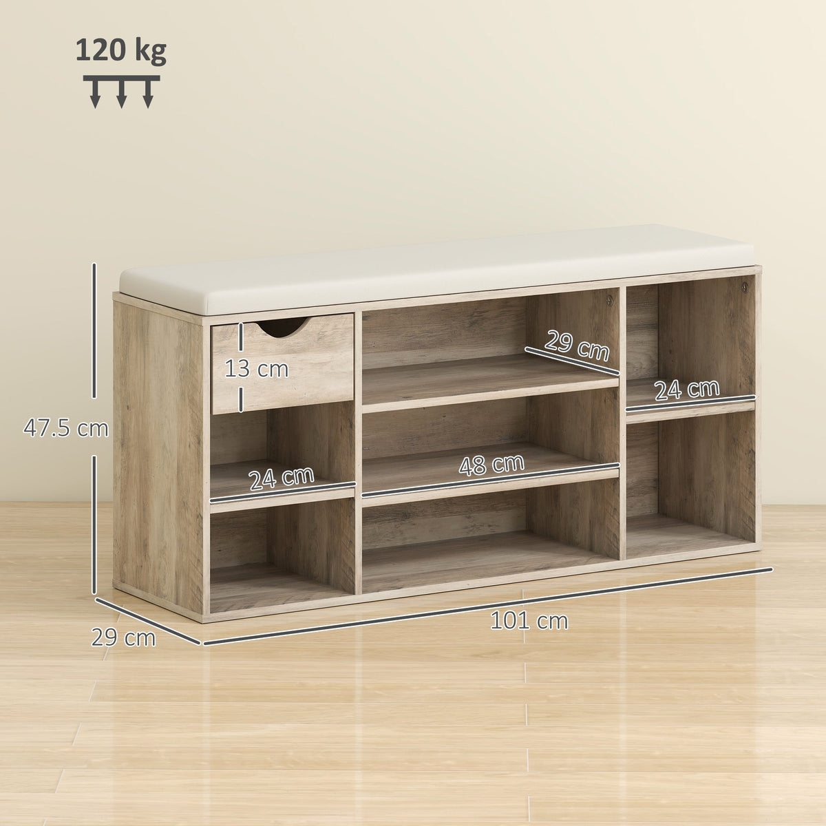 The shoe storage bench with cushion showing dimensions and weight capacity