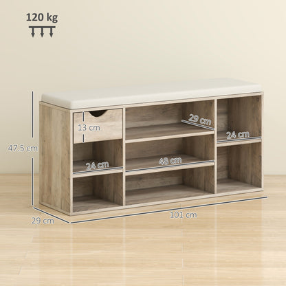 The shoe storage bench with cushion showing dimensions and weight capacity