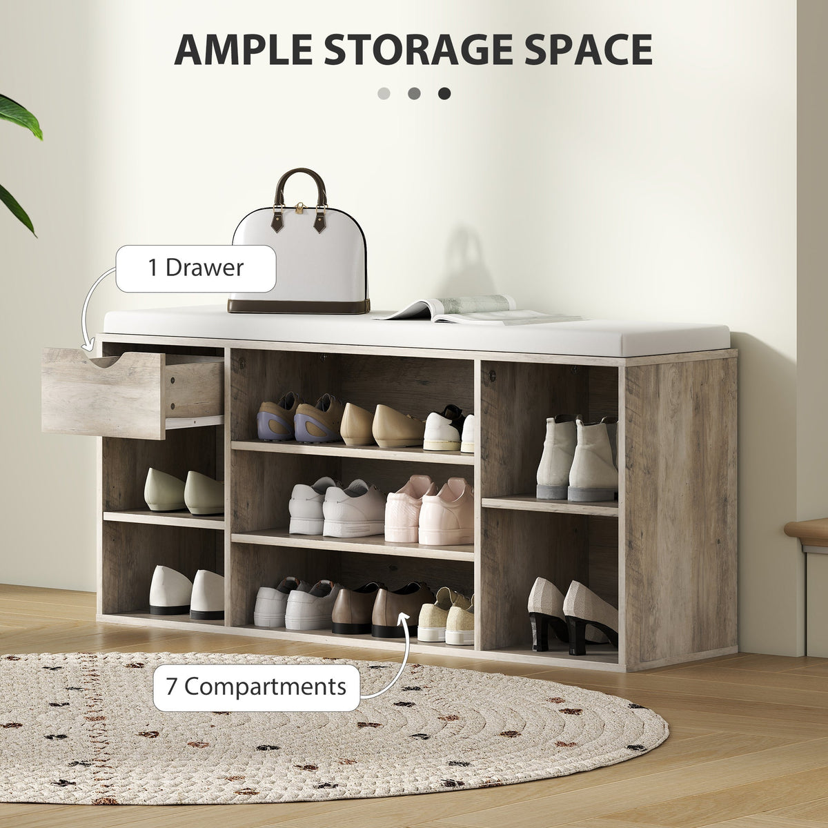 The shoe storage bench with cushion filled with shoes and a handbag