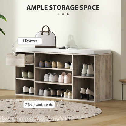 The shoe storage bench with cushion filled with shoes and a handbag
