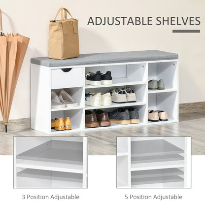 White shoe storage bench with cushion showing adjustable shelves in two sections