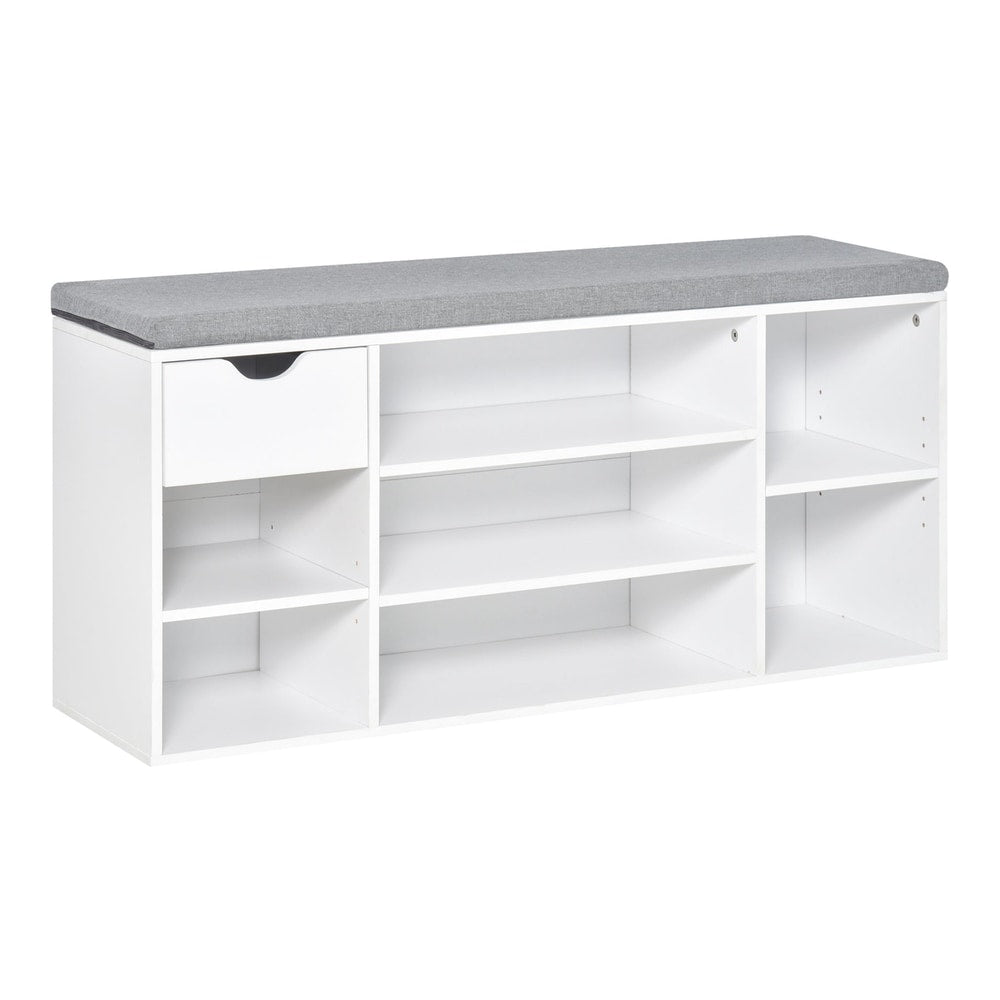 HOMCOM Shoe Storage Bench with Cushion in white with a grey cushion on top and multiple shelves and a drawer