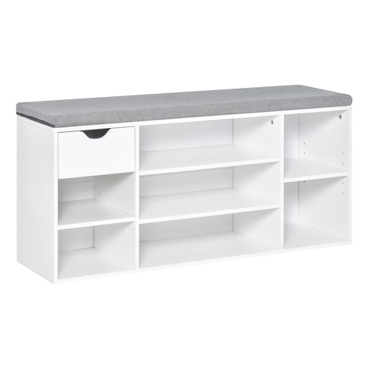 HOMCOM Shoe Storage Bench with Cushion in white with a grey cushion on top and multiple shelves and a drawer