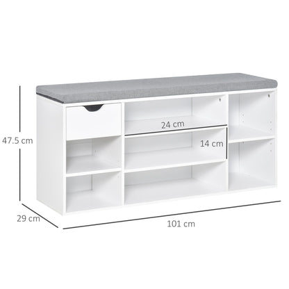 The shoe storage bench with cushion shows its overall dimensions and compartments