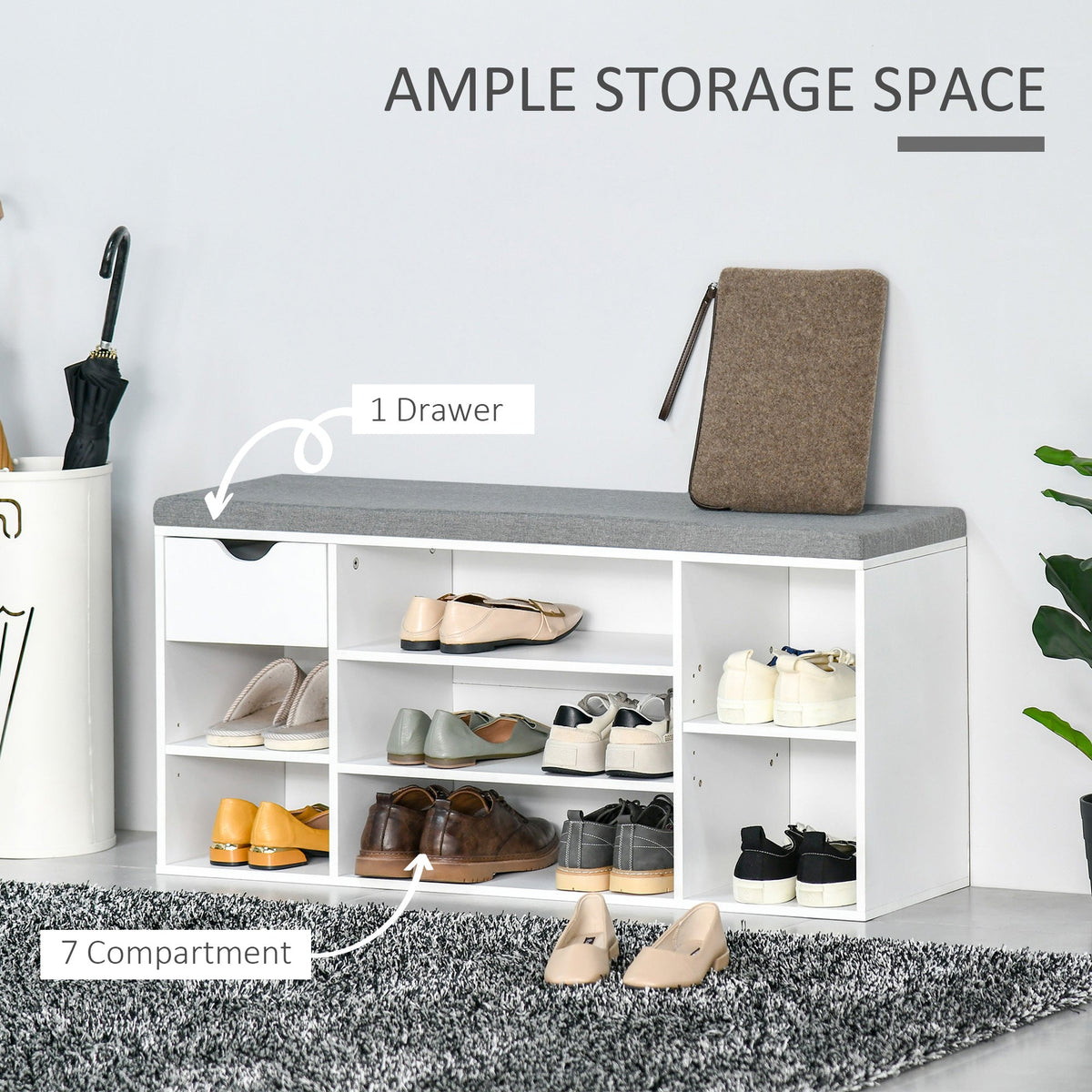 The shoe storage bench with cushion displays ample storage space with shoes inside