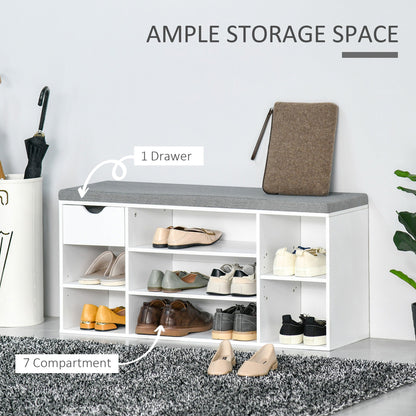 The shoe storage bench with cushion displays ample storage space with shoes inside