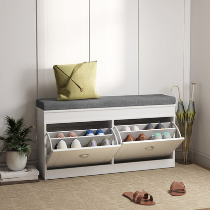 The shoe storage bench placed in a hallway with shoes inside the open drawers