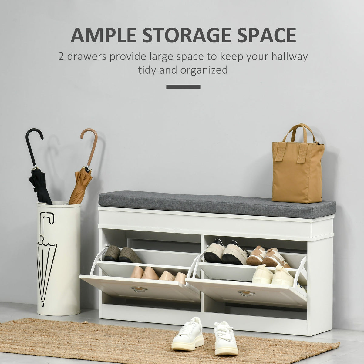The shoe storage bench with open drawers filled with footwear in a bright space