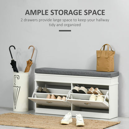 The shoe storage bench with open drawers filled with footwear in a bright space