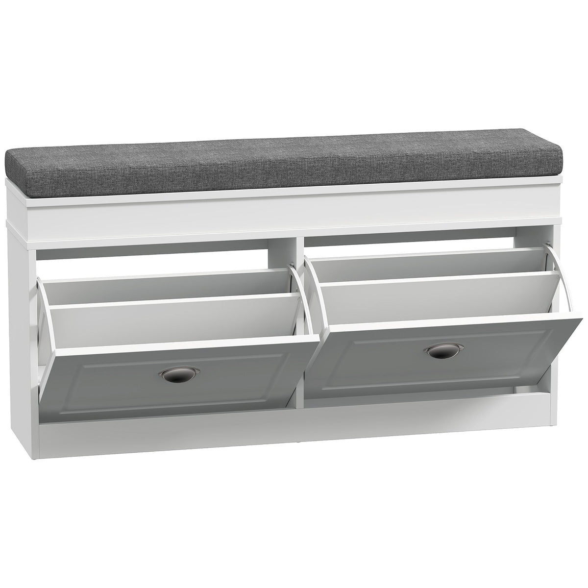 HOMCOM Shoe Storage Bench with Flip Drawers showing the two front compartments open
