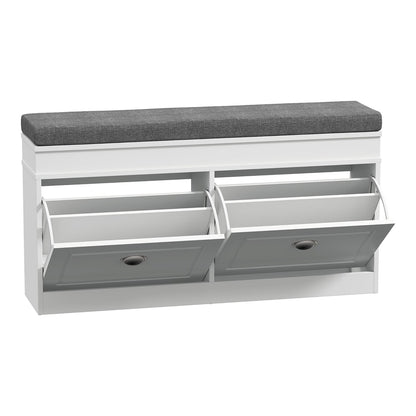 HOMCOM Shoe Storage Bench with Flip Drawers showing the two front compartments open