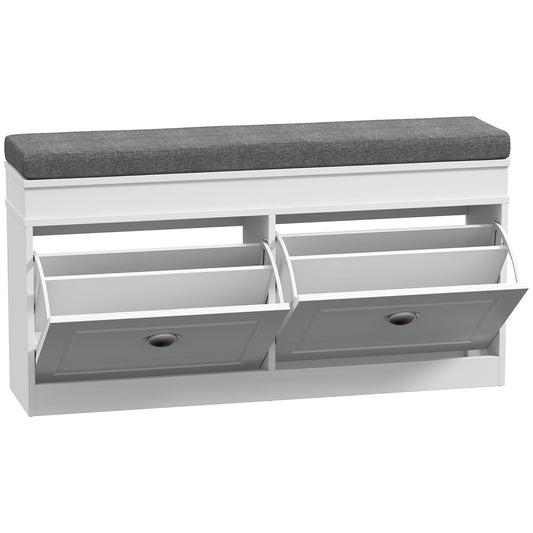 HOMCOM Shoe Storage Bench with Flip Drawers showing the two front compartments open