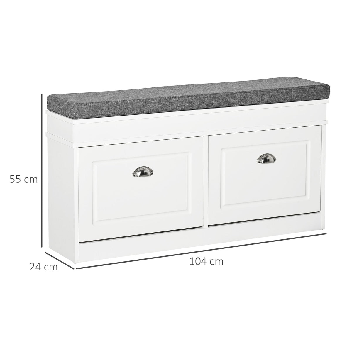 The white shoe storage bench with a grey seat cushion and dimensions shown
