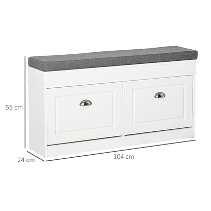 The white shoe storage bench with a grey seat cushion and dimensions shown
