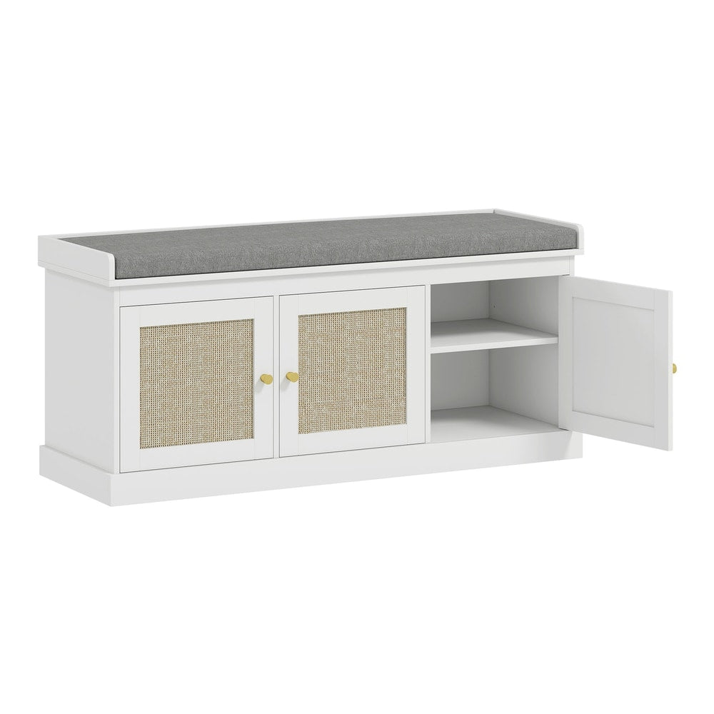 HOMCOM Shoe Storage Bench with Woven Rattan Doors shown with one cupboard door open to reveal shelves