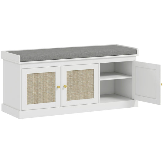 HOMCOM Shoe Storage Bench with Woven Rattan Doors shown with one cupboard door open to reveal shelves