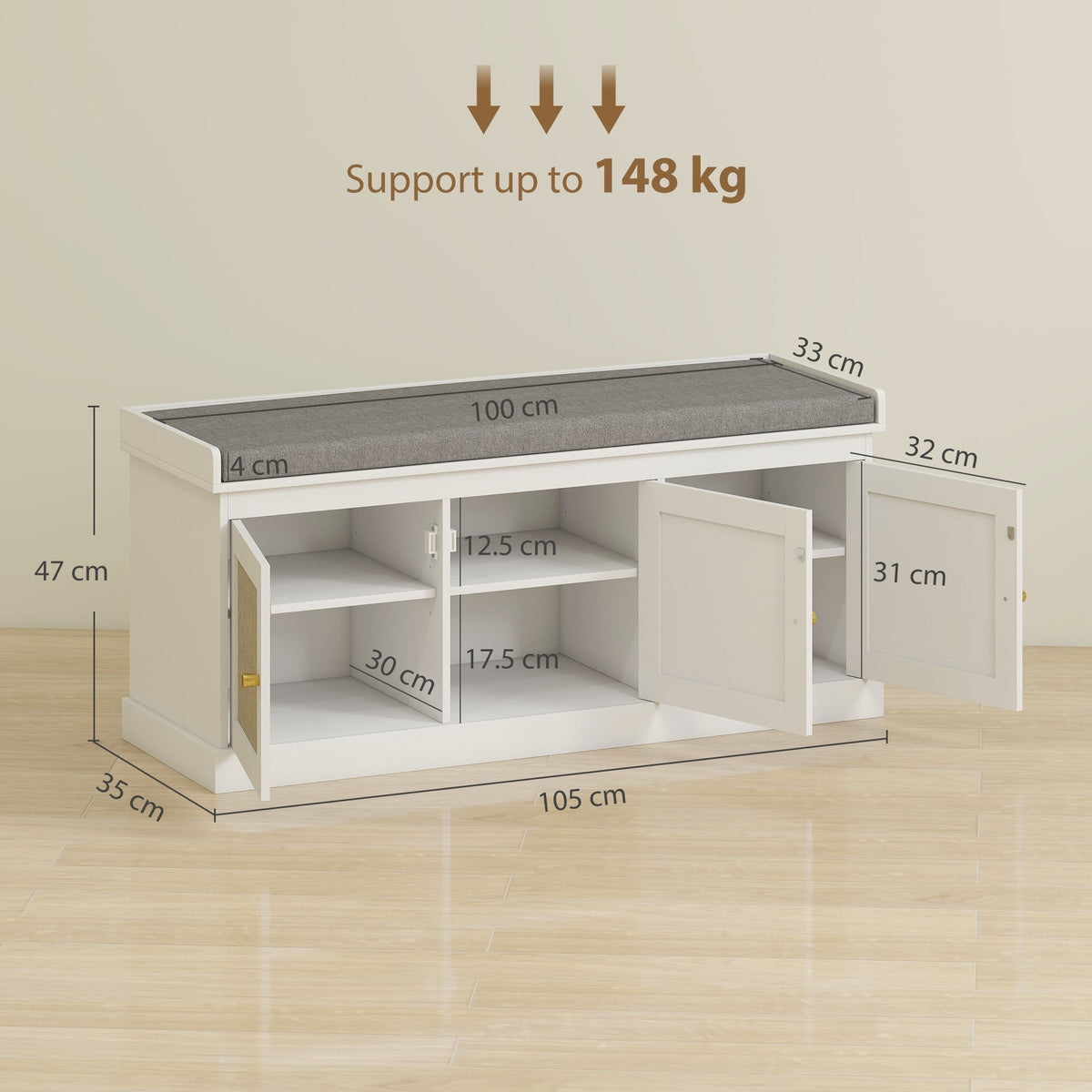 The shoe storage bench with all doors open showing internal dimensions and weight capacity
