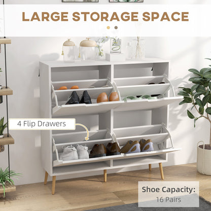 The shoe storage cabinet with all four flip drawers open to show the internal space