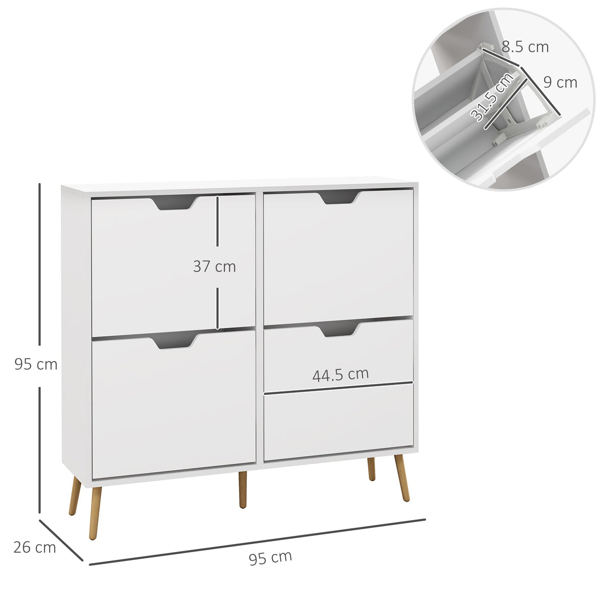 The shoe storage cabinet shown with technical lines indicating its external dimensions