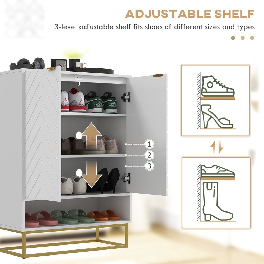 Adjustable shelves in the shoe storage cabinet shown with different shoe types
