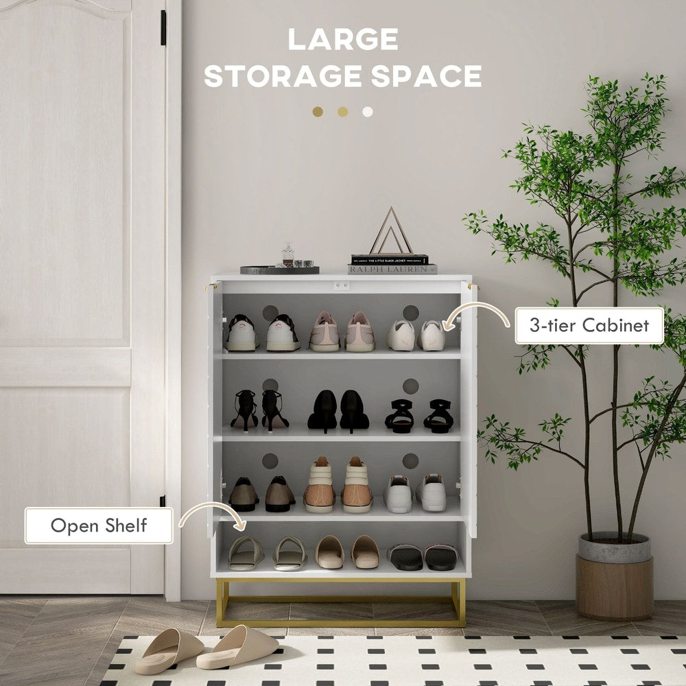 White shoe storage cabinet with open shelf and multiple shelves inside
