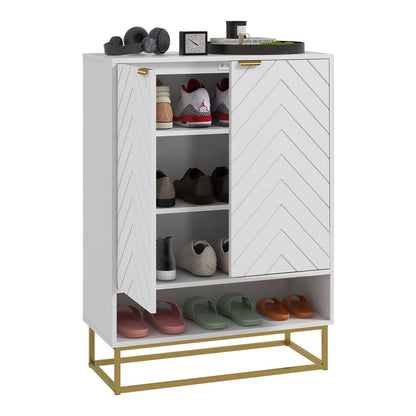 HOMCOM Shoe Storage Cabinet with chevron pattern doors and an open shelf at the bottom
