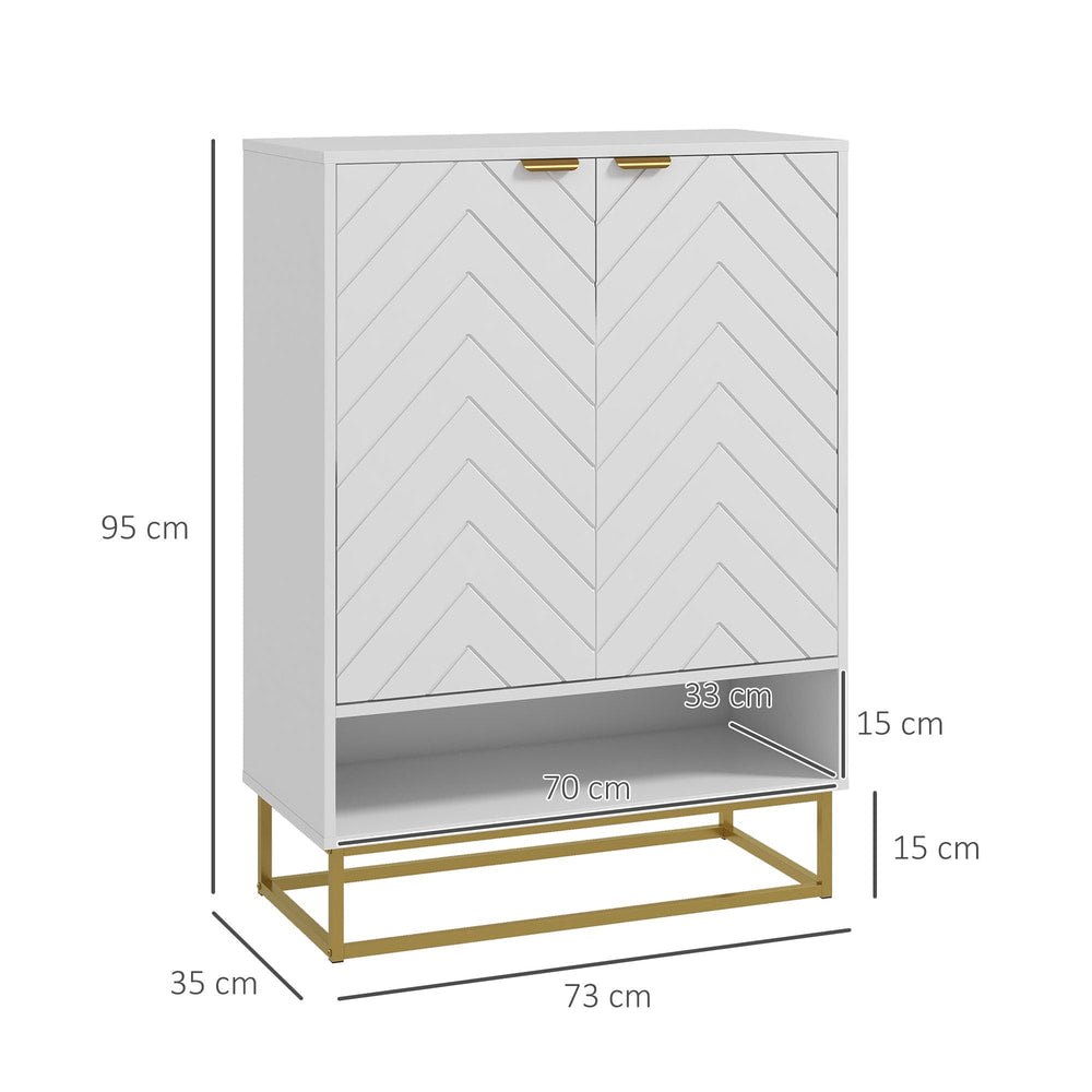 White shoe storage cabinet with dimensions shown in cm