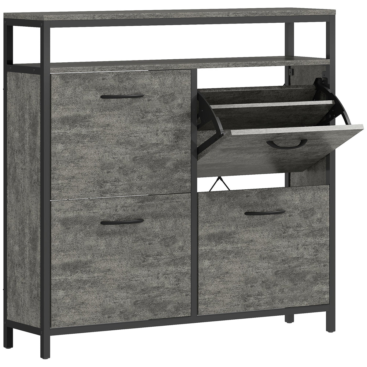 HOMCOM Shoe Storage Cabinet with four flip drawers and an open shelf in cement grey