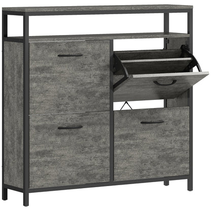 HOMCOM Shoe Storage Cabinet with four flip drawers and an open shelf in cement grey