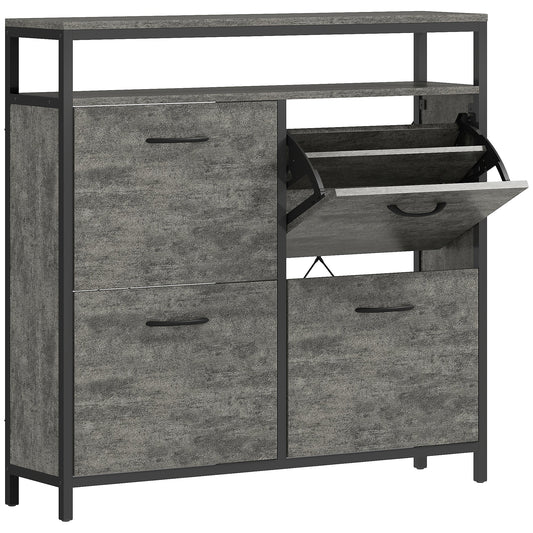 HOMCOM Shoe Storage Cabinet with four flip drawers and an open shelf in cement grey