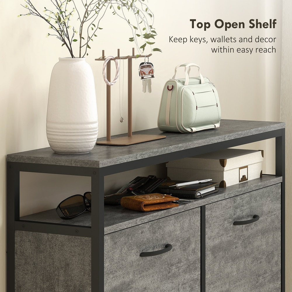 The shoe storage cabinet top shelf with keys and accessories displayed