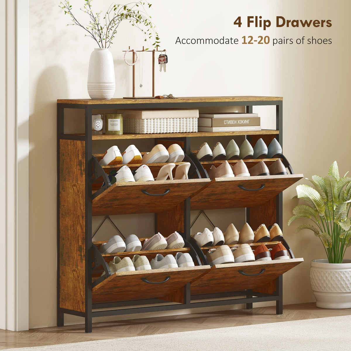 the shoe storage cabinet with all four flip drawers open and filled with various pairs of shoes
