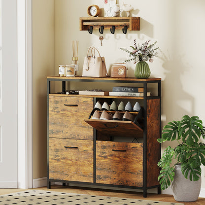 Rustic brown shoe storage cabinet with four flip drawers and an open shelf, shown in a hallway with shoes inside