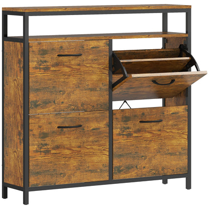 HOMCOM Shoe Storage Cabinet with four flip drawers and an open shelf in rustic brown