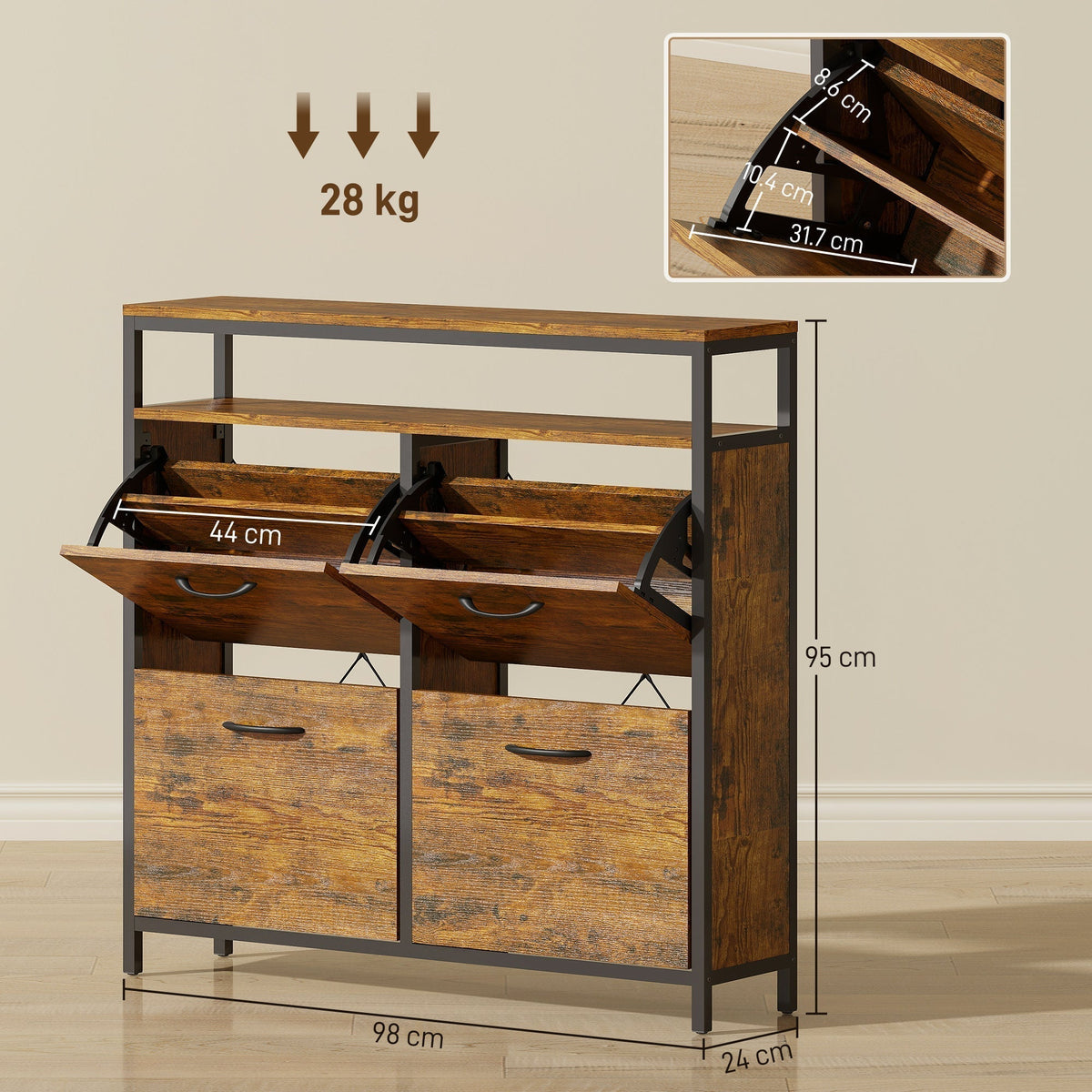 Rustic brown shoe storage cabinet with dimensions and weight capacity shown