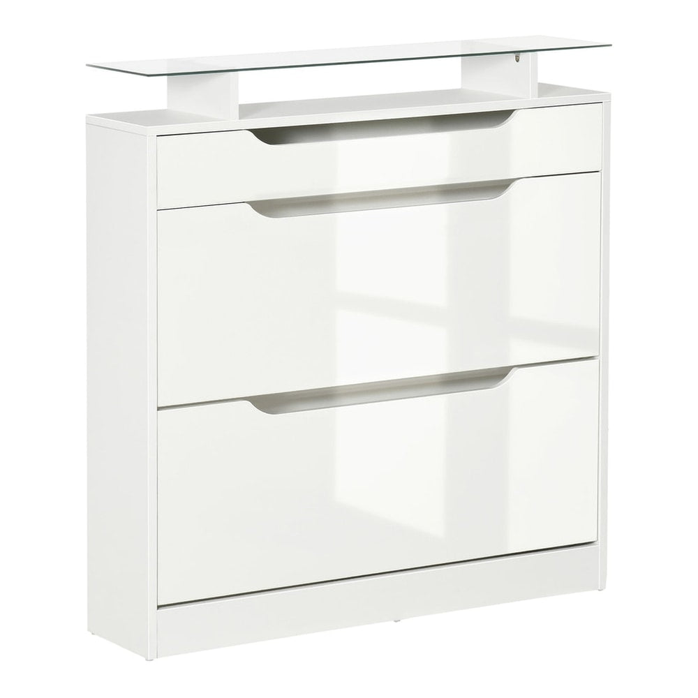 HOMCOM Shoe Storage Cabinet with Slide Out Drawer, white finish, two flip doors and a glass top shelf