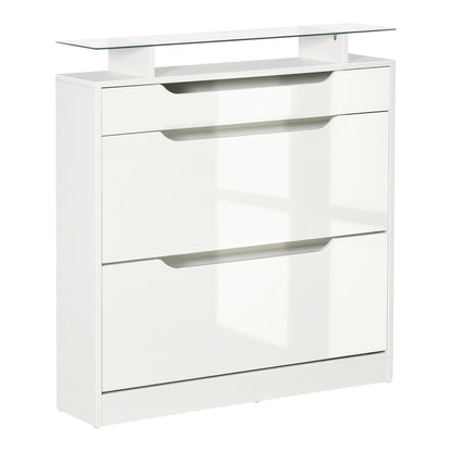HOMCOM Shoe Storage Cabinet with Slide Out Drawer, white finish, two flip doors and a glass top shelf