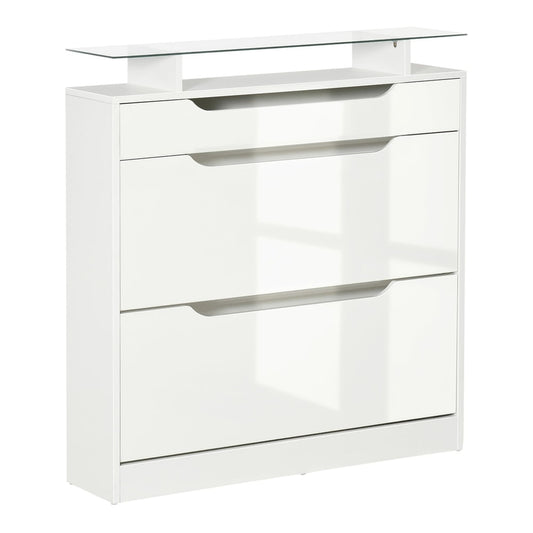 HOMCOM Shoe Storage Cabinet with Slide Out Drawer, white finish, two flip doors and a glass top shelf