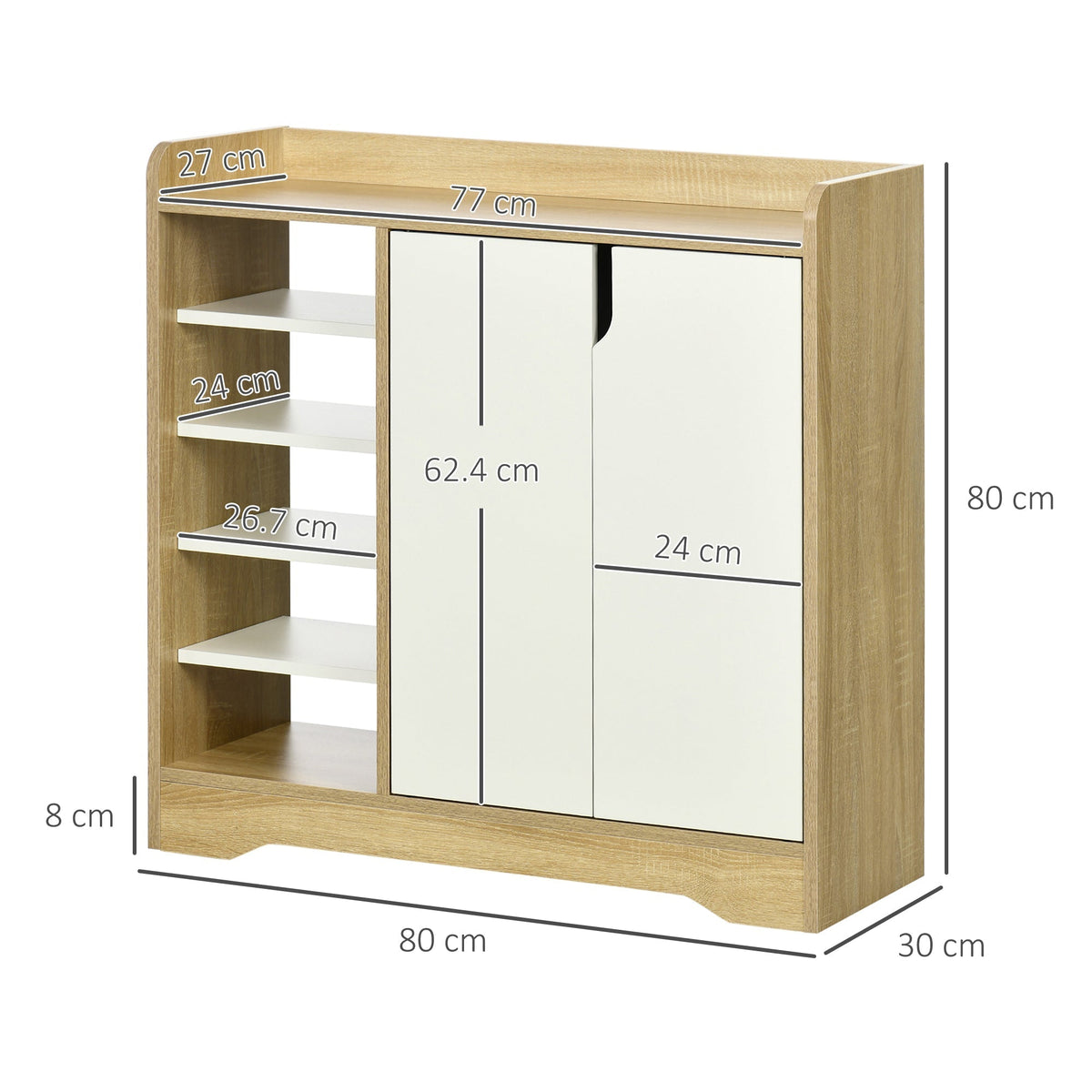 This shoe storage unit with double doors and open shelves is shown with dimensions marked