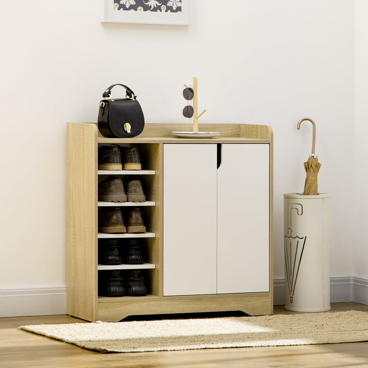 This shoe storage unit with double doors and open shelves is shown in a hallway setting with shoes inside