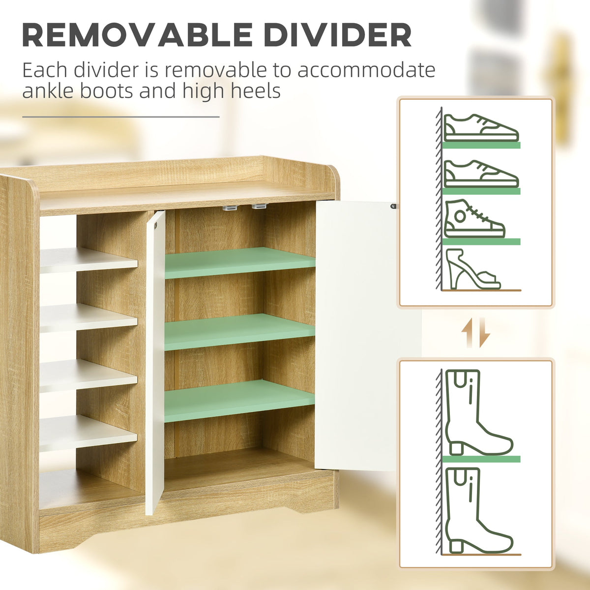 This shoe storage unit with double doors and open shelves shows removable dividers for different shoe types