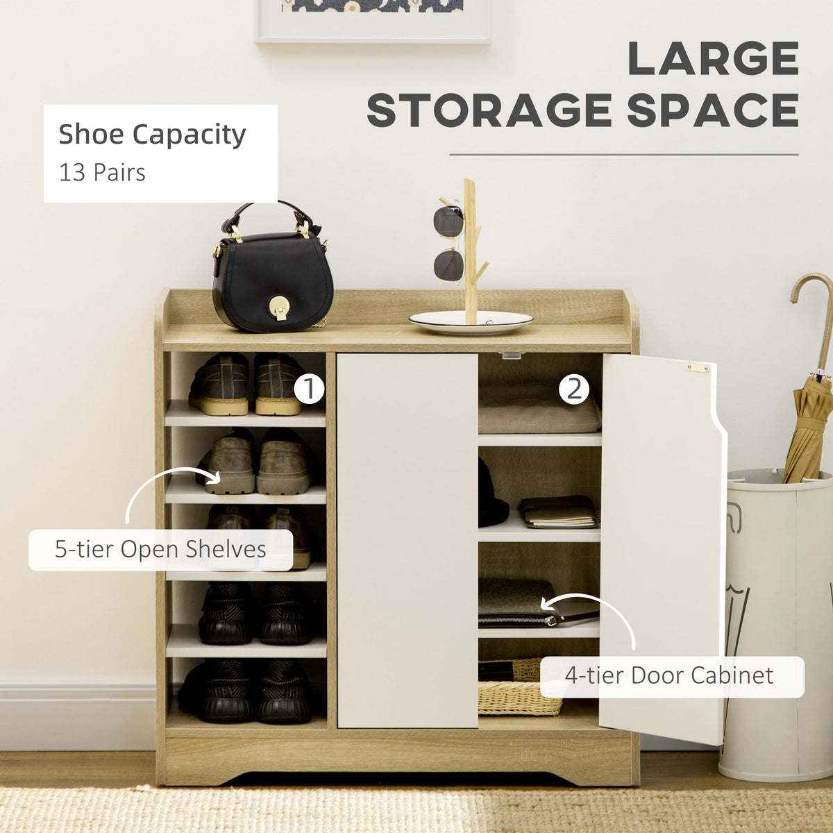 This shoe storage unit with double doors and open shelves is shown with capacity and internal storage details
